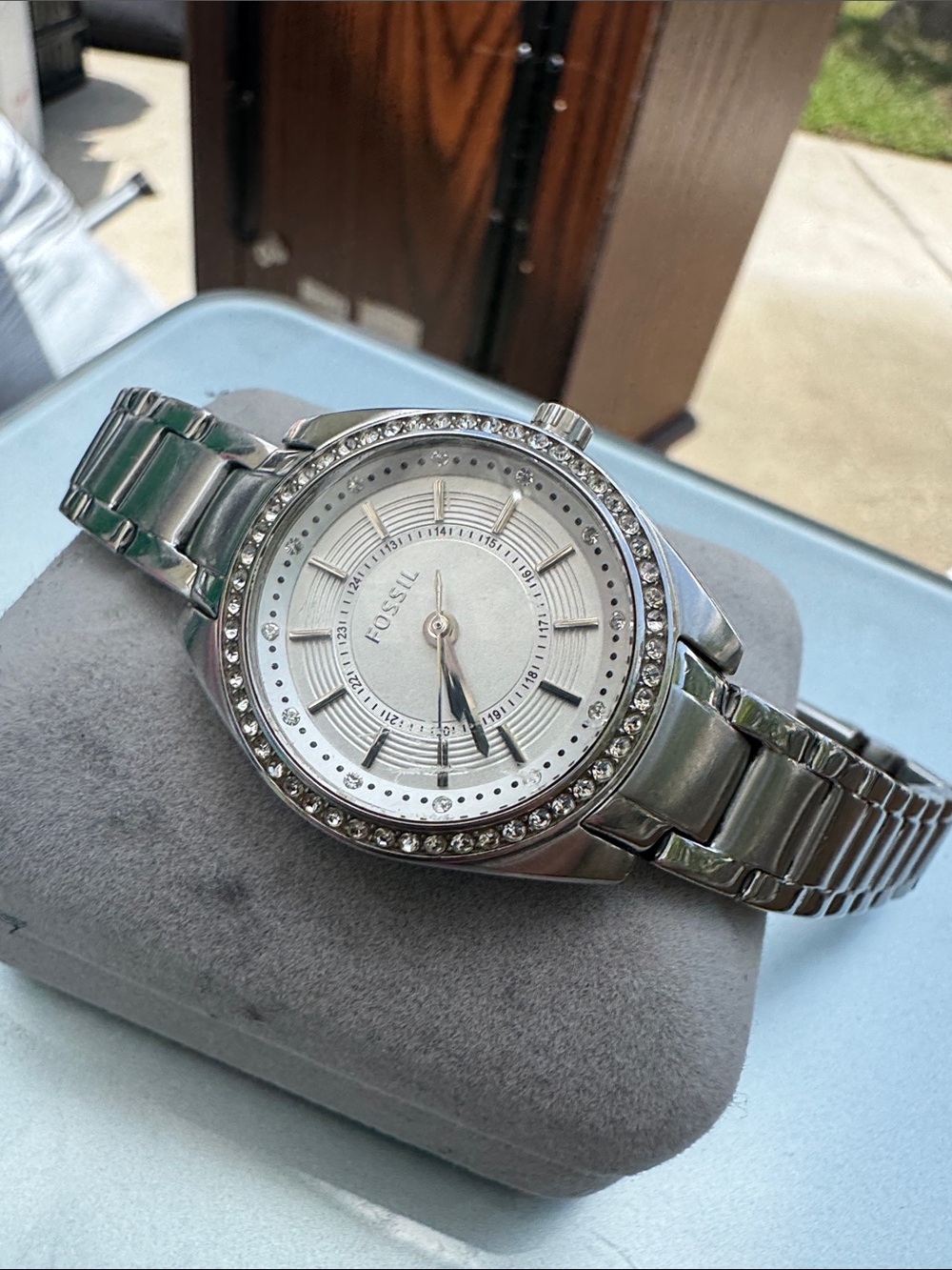 Fossil Silver Crystal-Accented Stainless Steel Bracelet Watch